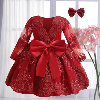 1-5 Ετών Παιδί Κορίτσι Φόρεμα Φθινόπωρο Τσεκιών Λουλούδι Μακρύ Μανίκι Φούστα Φόρεμα Μωρών Κόκκινο Τόξο Χριστουγεννιάτικο Κοστούμι Βρέφος Πρώτα Του Γενέθλια Ρούχα