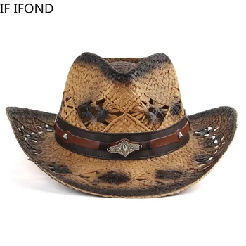 100% Φυσικό Άχυρο Γυναίκες Άνδρες Western Cowboy Καπέλο Καλοκαίρι Χειροποίητο Κοίλο Σομπρέρο Hombre Παραλία Καπέλο Ήλιων Καουμπόισσα Jazz Καπέλο