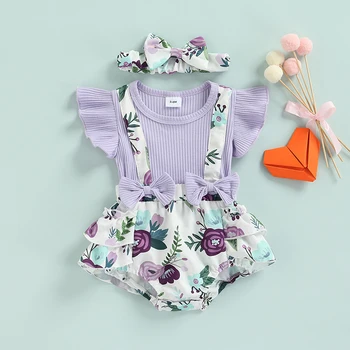 2 Pc Νεογέννητο Μωρό Κορίτσια Floral Print Romper Φόρεμα Ρούχα Το Καλοκαίρι Πεταξτε Με Ruffle Μανίκι Γύρο Λαιμό Συνονθύλευμα Κομπινεζόν Τόξο Στήριγμα Κεφαλής