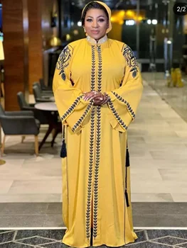 2023New Ντουμπάι Άνοιξη Abaya Υψηλός-Ύφασμα Ποιοτικών Σιφόν Αφρικής Γιακά Κεντημένο Διαμάντι Μακρύ Μανίκι Λουρί Μέσης Φόρεμα