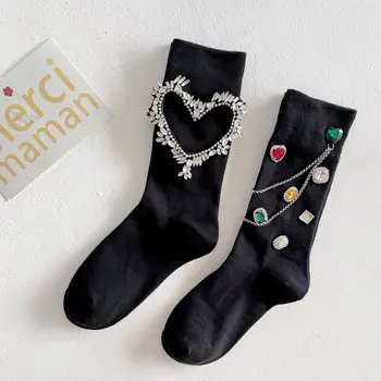 2Pairs/Πολλή Αγάπη Καρδιά Διαμάντια Μαύρο Κάλτσες Βαμβακιού Γυναικών 2023 Krean Μόδας Άνοιξη, το Φθινόπωρο