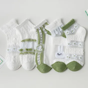 5 Ζευγάρια Γυναικών το Καλοκαίρι GreenThin Ρηχό Σκάφος Αναπνεύσιμες Κάλτσες Κρυστάλλινα Λουλούδια Κάλτσες Υψηλής Ποιότητας Ιδρώτα-απορροφώντας Γυαλί Κάλτσες