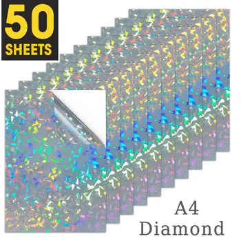 50 Φύλλα Ολογραφική Διαμάντι A4 τον Εκτυπωτή Χαρτί αυτοκόλλητο Εκτυπώσιμη Βινυλίου Αυτοκόλλητη ετικέττα Εγγράφου χρήση για τον Εκτυπωτή Inkjet 210mm x 297mm