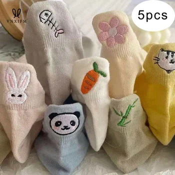 5pcs/lot βαμβακιού κεντητικής κινούμενων σχεδίων για γυναίκες κάλτσες κουνέλι χαριτωμένο panda ρηχά στόμα κάλτσες αστραγάλων ins παλίρροια χαριτωμένο Ιαπωνικά βάρκα κάλτσες