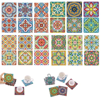 6PCS/Set DIY Διαμάντι Ζωγραφική Σουβέρ Mandala Τετραγωνικό Χαλί Φλυτζανιών Μόνωση Μαξιλάρι Μαξιλάρι Φλυτζανιών με το Ράφι Πίνακα Σουπλά Χειροποίητο Δώρο
