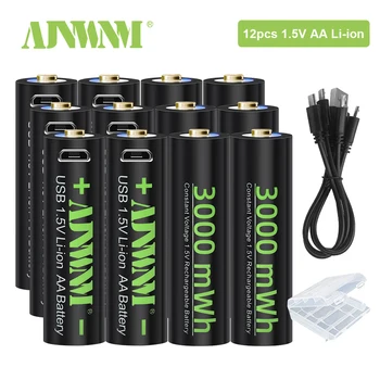 AJNWNM 1.5 V USB AA Επαναφορτιζόμενες Μπαταρίες 3000mWh 1.5 v Μπαταρίες Λίθιου AA για παιχνίδια τηλεχειρισμού φακός κάμερα με USB C