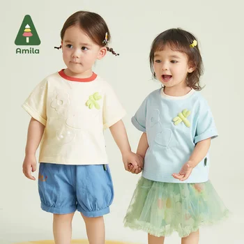 Amila Μωρό Κορίτσι T-Shirt 2023 Καλοκαίρι Νέα 100% Βαμβάκι Κορυφές Γράμματα Τ Μικρών Παιδιών Ρούχα Παιδικά Ρούχα Χαριτωμένο Κοντό Μανίκι 0-6 Ετών
