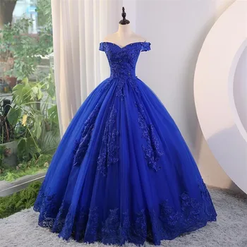 Ashley Γκλόρια Καλοκαίρι Νέα Μπλε Quinceanera Φορέματα Γλυκό Λουλούδι Κόμμα Φόρεμα Πολυτελή Δαντέλα Φόρεμα Μπάλα Κλασικό Boho Vestidos Για Τα Κορίτσια