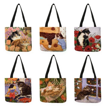 B13025 Χαριτωμένο Γάτα Ζωγραφική Λουλουδιών Τυπωμένων Υλών Γυναικών Σχεδιαστών Τσάντες Tote Τσαντών Γυναικών Μεγάλο Εμπορικό Πτυσσόμενη Τσάντα Για Ψώνια