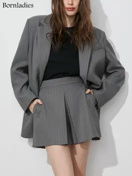 Bornladies Chic Λωρίδων Μεγάλου Μεγέθους Blazer & Η Υψηλή Μέση Σορτς Φούστες 2 Σύνολα Κομμάτι Γυναίκες Ρούχα Γραφείου Οι Κυρίες Χαλαρώνουν Το Σακάκια Κοστούμια