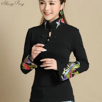 Cheongsam κορυφή παραδοσιακά κινέζικα ρούχα για τις γυναίκες μακρύ μανίκι εθνικό στυλ κορυφές για τις γυναίκες τάση του vintage υγρό Q605