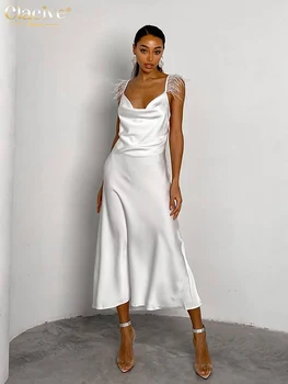 Clacive Γυναίκες Σέξι Λουράκι Σατέν Λευκό Φόρεμα Καλοκαίρι Αμάνικο Εξώπλατο Φτερό Midi Φόρεμα Κυρία Κομψή Λεπτή Στερεά Φορέματα Κόμματος