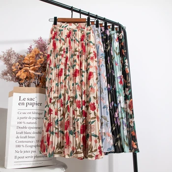 Croysier Φούστες Των Γυναικών, Το 2021, Υψηλή Μέση Τη Floral Τυπωμένη Ύλη Μέσα Του Μοσχαριού Μακριά Πλισέ Φούστα Γυναικών Το Καλοκαίρι Vintage Κομψό Σιφόν Φούστα Του Midi