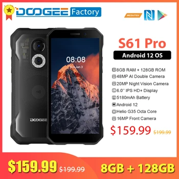 DOOGEE S61 Pro 8GB 128GB Τραχιά Κινητά τηλέφωνα Κινητό Τηλέφωνο 6.0 Ιντσών Οθόνη 48MP Κάμερα Νυχτερινής Όρασης 5180mAh Android 12 Smartphone
