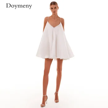 Doymeny 2023 Καλοκαίρι Λευκό Babydoll Φόρεμα Μίνι Κοκτέιλ Φορέματα Λουριών Μακαρονιών Σέξι V Λαιμό Αμάνικο Εξώπλατο