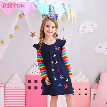 DXTON Κορίτσι Casual Φόρεμα Βαμβακιού Παιδιών Φορέματα Μακρύ Μανίκι Ευθεία Φόρεμα για την Άνοιξη, Φθινόπωρο, τα Παιδιά Κοστούμια Κινούμενων σχεδίων Παιδιών Ρούχα