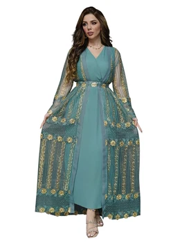 Eid Μουσουλμανικό Κόμμα Φόρεμα Των Γυναικών Καφτάνι Abaya 2 Piece Σετ Κέντημα Ραμαζάνι Abayas Καφτάνι Vestidos Ζακέτα Ρόμπα Ντουμπάι Αραβικά Τουρκία