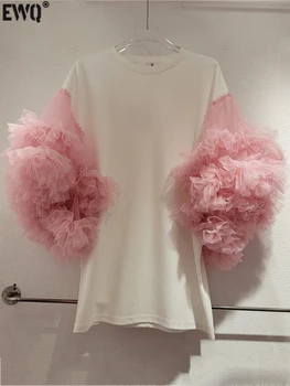 [EWQ] οι Γυναίκες T-πουκάμισο Συνονθύλευμα Πλέγμα Ροζ Σούφρα Κοντό Μανίκι Χρώματος Αντίθεσης Tees Κορυφή 2023 Καλοκαίρι Νέα Παλίρροια Loose Fit Μπλούζα 6U211