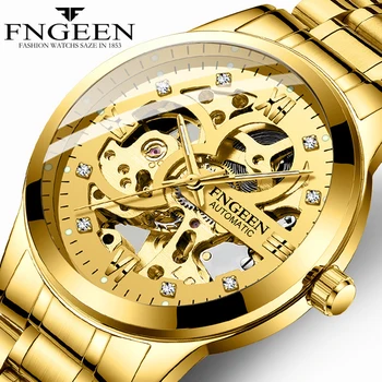 FNGEEN Χρυσό Αυτόματο Ρολόι Ανοξείδωτου ατόμων Λουριών Ρολογιών Σκελετών Μηχανικό Τοπ Εμπορικό σήμα Πολυτελή Φωτεινή Δείκτη Ρολόι 6018