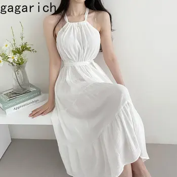 Gagarich Γυναίκες Φόρεμα Κορέας Κομψό Καλοκαίρι Νέο Κομψό Ταμπεραμέντο Στυλ Θέρετρο Μέση Δεσμών Λαιμών Halter Αμάνικα Μακριά Vestidos