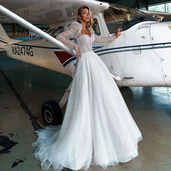 Glitter Sparky Πριγκηπισσών Γαμήλια Φορέματα Μακρύ Μανίκι Vestidos de Noiva Εκλεκτής ποιότητας Custom Made Bride Νυφικά 2021