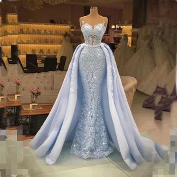 Goegeous Γοργόνων Δαντελλών Φορέματα Βραδιού Μωρό Μπλε Overskirt Beading Επίσημη Φορέματα Διασημότητα Λαιμός Αγαπημένων Σχεδιαστών Γάμο