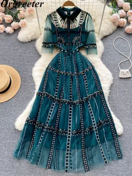 High-end Πλέγμα Κεντημένο Καιρό Maxi Φορέματα Για τις Γυναίκες Vestidos Vintage Πέτο Κοντό Μανίκι Slim Φόρεμα Κόμματος Ρόμπες Femme