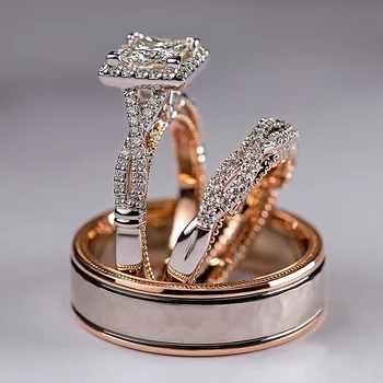Huitan Πολυτελή Πριγκίπισσα Κομμένα Διαμάντι Κυβικά Νυφικό Σετ Γάμου Δαχτυλίδια Κομψό Αξεσουάρ Λαμπρή Γυναίκες Άνδρες Γάμο Καθιερώνον Τη Μόδα Κόσμημα