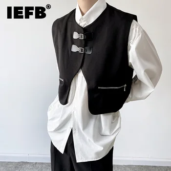 IEFB Άνδρες Κοντό Γιλέκο Εξατομικευμένα PU Δέρμα Πόρπη Φερμουάρ Θέση κορέας Σχέδιο Μόδας Κομψό Μαύρο Αμάνικο Γιλέκο