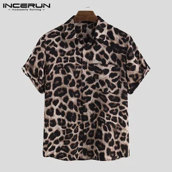 INCERUN Καλοκαίρι Leopard Print Πουκάμισο Άνδρες Κοντό Μανίκι Streetwear Κόμμα 2023 Περιστασιακή Χαλαρά Μπλούζα Πέτου Μόδας των Ατόμων Χαβανέζικα Πουκάμισα