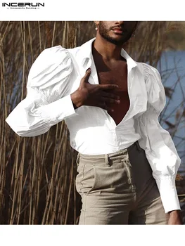 INCERUN Κορυφές 2023 Αμερικανικό Στυλ Νέων Ανδρών Στερεά Puff Μανίκι Σχήμα Μπλούζα Μόδας Κόμμα Δείχνει Αρσενικό Χαλαρά μακρυμάνικα Πουκάμισα S-5XL
