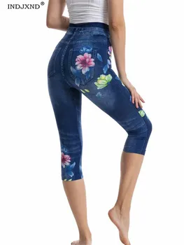 INDJXND Μόδας Λεπτές Γυναίκες Faux τζιν Τζιν Κολάν Floral Print Τέντωμα Σύντομη Τζιν Casual Outdoor Ρουχισμός γόνατο και Παντελόνια
