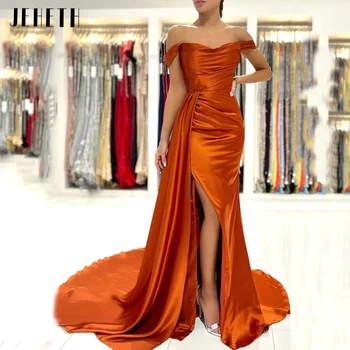 JEHETH Πορτοκαλί Σατέν Από τον Ώμο Επίσημο Βραδινό Φόρεμα Γοργόνα Πλευρά Διάσπαση Αγαπημένη Prom Κόμμα Φόρεμα Τραίνων Σκουπισμάτων فستان سهرة