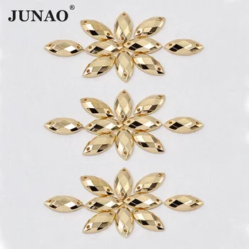 JUNAO 7*15mm Χρυσό Κρύσταλλο Ράψιμο Acylic Στρας Επίπεδη Πλάτη Άλογο Πέτρες Μάτι Sew On Golden Flatback Χάντρες για Ρούχα Τέχνες