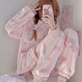Kawaii Sanrio MyMelody κινουμένων σχεδίων anime πιτζάμες που μπορεί να φορεθεί έξω κορίτσι σκόνη βελούδου γλυκό και χαριτωμένο Πυκνά θερμό Loungewear σύνολο