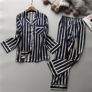 Lisacmvpnel Μόδας Γυναικών Κάθετη Λωρίδα Τεχνητής Μέταξας Pajama, Ελεύθερο Αναψυχής Άνοιξη Πιτζάμες