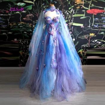 LISM Πολύχρωμο Παραμύθι Τούλι Χορό Φόρεμα με Κάπα Floral Απλικέ καρδούλα μου Πολυεπίπεδη Πρησμένα Μακρύ Βράδυ Φορέματα Κόμμα Ρόμπες De Soirée