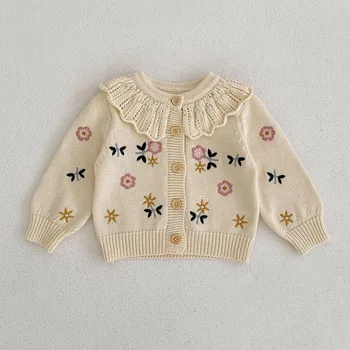 Lotus Κολάρο Παιδιά Μικρό Παιδί Κορίτσι Πλεκτά Πουλόβερ Παλτό 2023 Άνοιξη, Το Φθινόπωρο Λουλλούδια Κεντητικής Knitwear Ζακετών Ρούχα