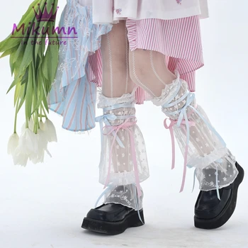 Mikumn Ιαπωνικά Harajuku Κορίτσια Γλυκό Μαύρο Λευκό Μαγκάές Ποδιών Δαντελλών Κάλτσες Kawaii Lolita Μπλε Ροζ Κορδέλα Δαντέλα-up Βολάν Πόδι Κάλυψη