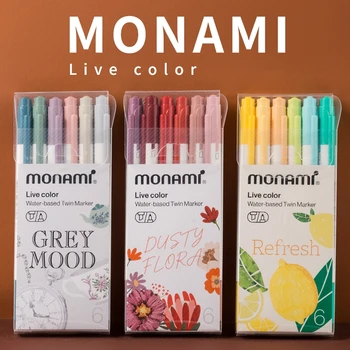 Monami Live Χρώμα 6pcs Τέχνης Μάνδρες Δεικτών Σύνολο Συν Διπλός-πλευρά Γραφή της Γραμμής Ανανέωση Floral Σχέδιο για την Κατάρτιση Σχολείο A7300