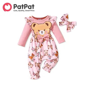 PatPat 2pcs Μωρό Ρούχα Για το Νεογέννητο Μωρό Φόρμα Long-μανίκι κινούμενα σχέδια Αρκούδα Print Ροζ Φιόγκο Ruffle Headband Σύνολο Χαριτωμένο Romper