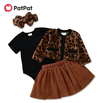 PatPat 4pcs Μωρό Συμπυκνωμένη Δέρας Long-μανίκι Leopard Outwear και Πλέγμα Tutu Φούστα με Romper Σύνολο