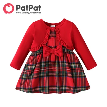 PatPat Χριστούγεννα Φορέματα Κορίτσι Μωρό Ρούχα Κόκκινη Faux-δύο Long-μανίκι Ruffle Περιποίησης Μπροστά Τόξο Καρό Φόρεμα