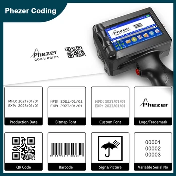 Phezer 12.7/25.4 mm Ετικετών Εκτυπωτής Φορητός Inkjet Εκτυπωτής QR Bar Κωδικός Παρτίδας Ημερομηνία Αριθμός Λογότυπο Ημερομηνία Λήξης Μηχανή Κωδικοποίησης Φορητό