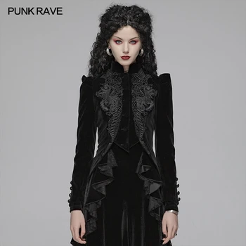 PUNK RAVE Γυναικών Gothic Lolita Ριπών με Μακριά Μανίκια Μαύρο Κοντό Παλτό Κόμμα Club Απόκριες Σακάκι με Εξαίσια Δαντέλα Διακόσμηση