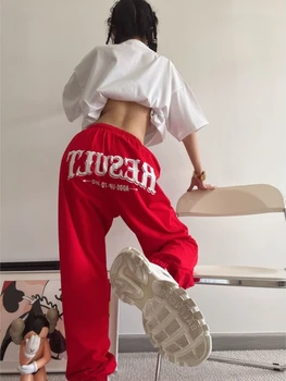 QWEEK Y2K Streetwear Κόκκινο για Τζόκινγκ Φόρμα Γυναίκες Hip Hop Harajuku Υπερμεγέθη Joggers Αθλητικό Παντελόνι Kpop Επιστολή Print Παντελόνι