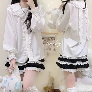 QWEEK Χαριτωμένο Πουκάμισα Harajuku γυναικείες Μπλούζες Ιαπωνικό Στυλ Lolita Λαγουδάκι Αυτιά Δαντέλα Γλυκό Μαλακό Κορίτσι Λευκό Χαλαρά Μακρύ Μανίκι Κορυφές