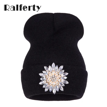 Ralferty 2022 Το Χειμώνα Καπέλα Για Τις Γυναίκες Πλεκτά Πολυτέλειας Λουλουδιών Κρυστάλλου Σκούφοι Καπέλο Γυναικείο Skullies Καλύμματα Μαύρο Streetwear Gorras Gorro