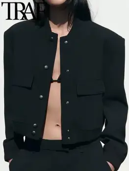 TRAF Άνοιξη Γυναικών Μόδας Περιστασιακά Παλτό Σακάκι O-Λαιμό Μακρύ Μανίκι Τσέπες Καλύπτονται Κουμπί Χαλαρά Βομβαρδιστικό Θηλυκό Crop Top Outwear 2023
