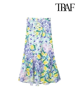 TRAF Γυναικών Μόδας Floral Print Φούστα του Midi Εκλεκτής ποιότητας Υψηλή Μέση Φερμουάρ στο Πλάι Θηλυκές Φούστες Mujer